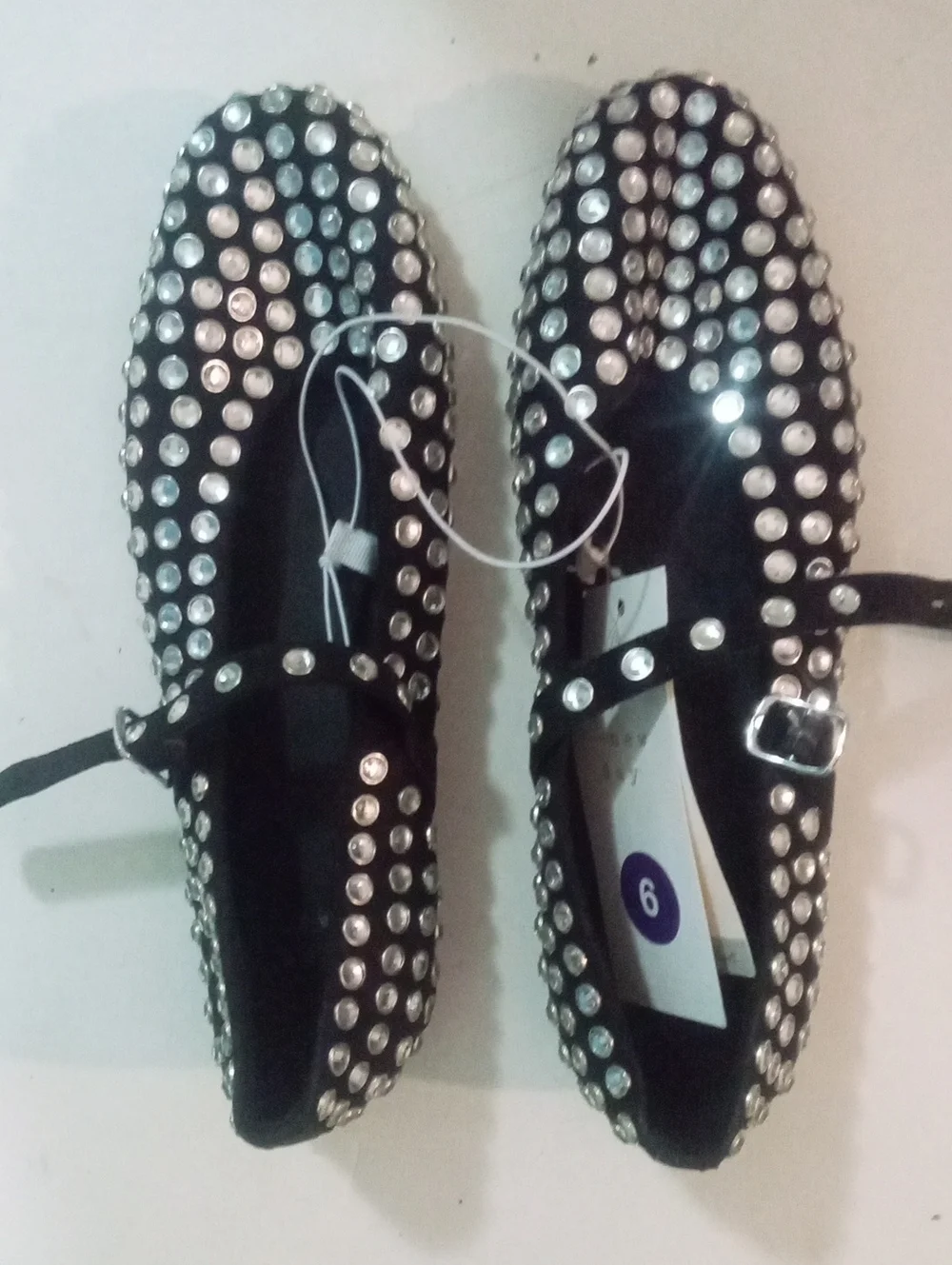 A New Day Sz 6 Studded Black Mary Jane Flats Rhinestones NWT $40 Memory Foa